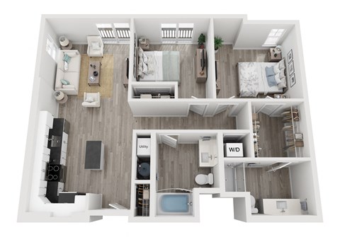 Floor plan for 2 beds, 2 baths, 1076 sqft
